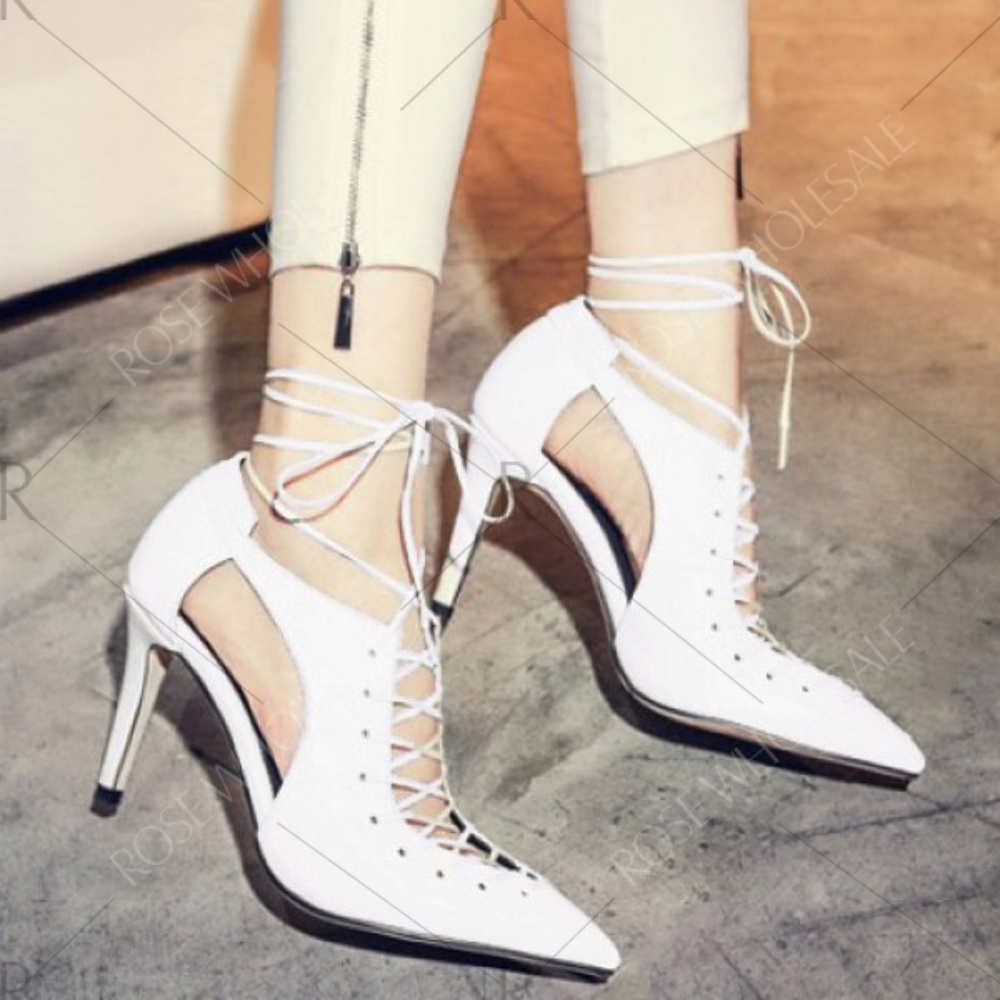 Beautiful  White Lace Up Shoe With 3.5 Inch Heel